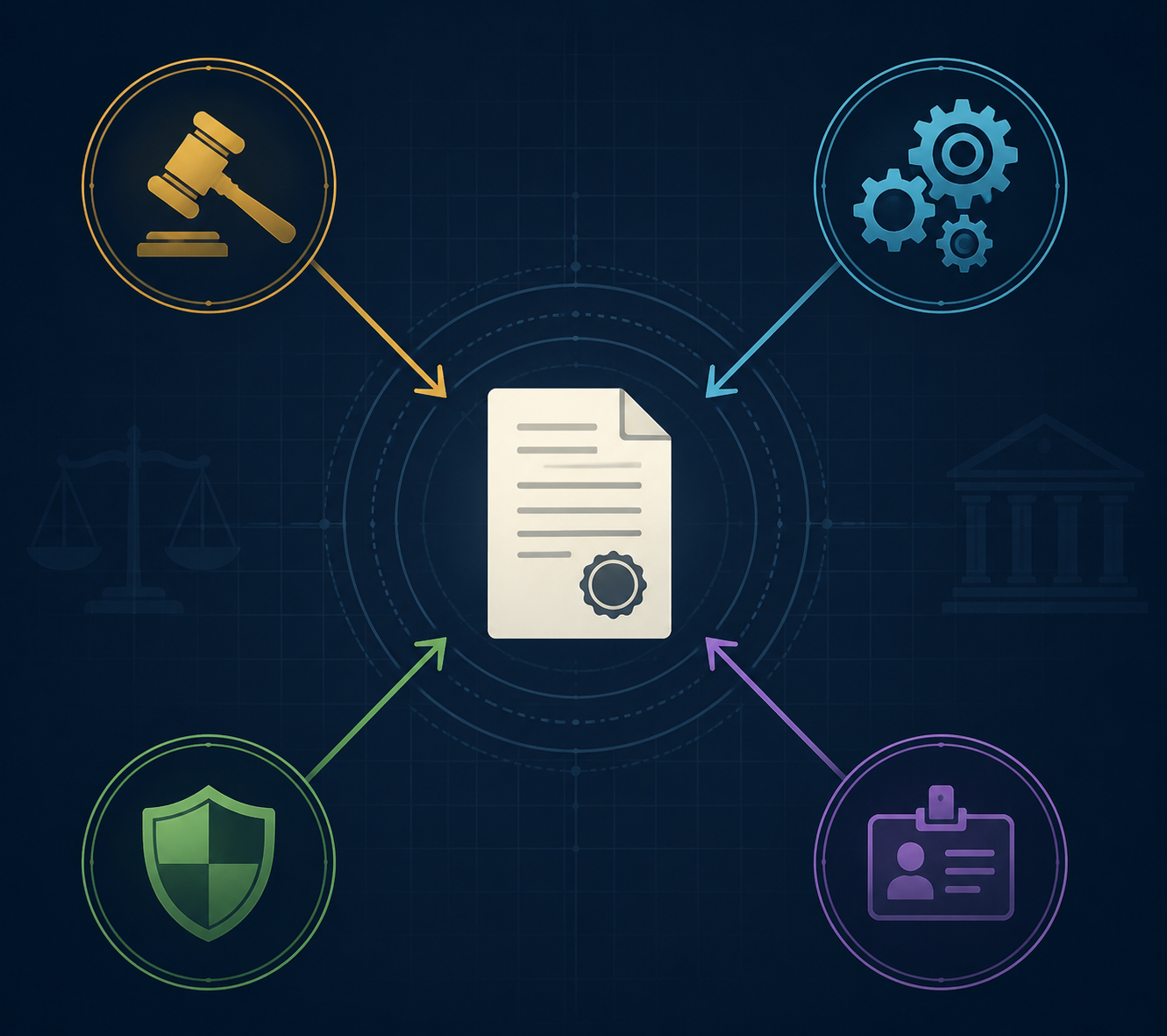 Editorial graphic showing litigation, collections enforcement, regulatory action, and professional license risk around a central legal document