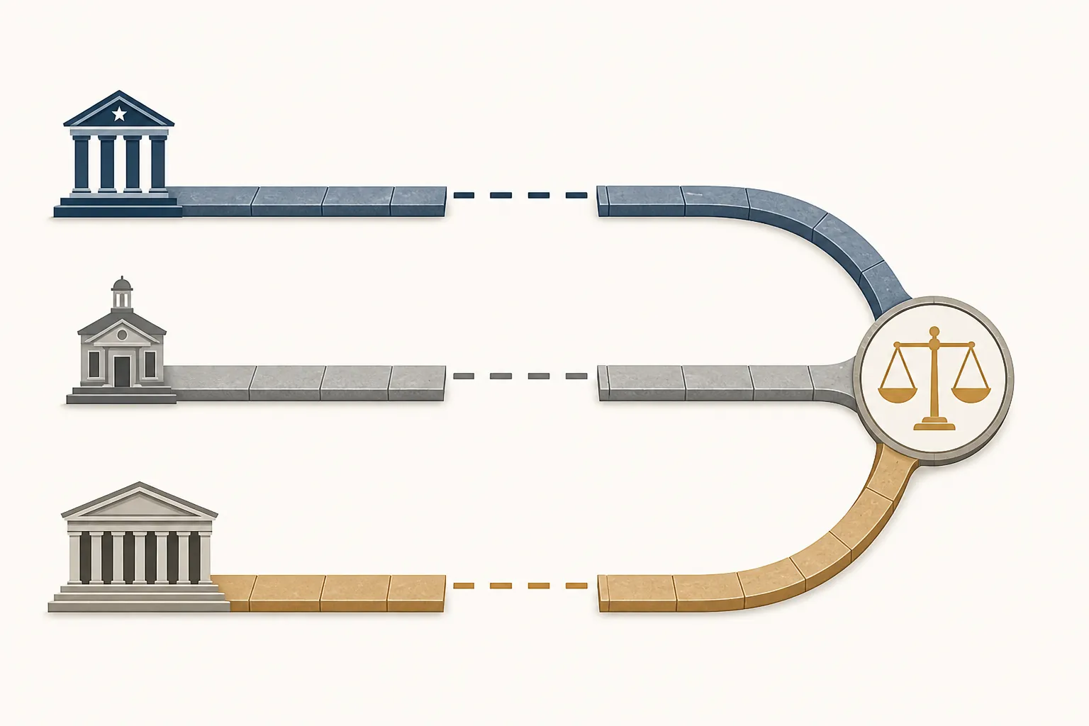 Three raised stone lanes converging toward balanced scales to show parallel litigation tracks