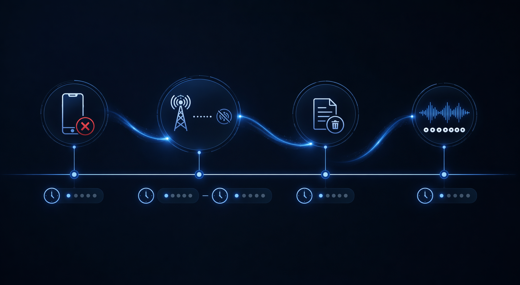 Dark timeline visualization showing phone termination, signal gap, deleted records, and audio waveform markers
