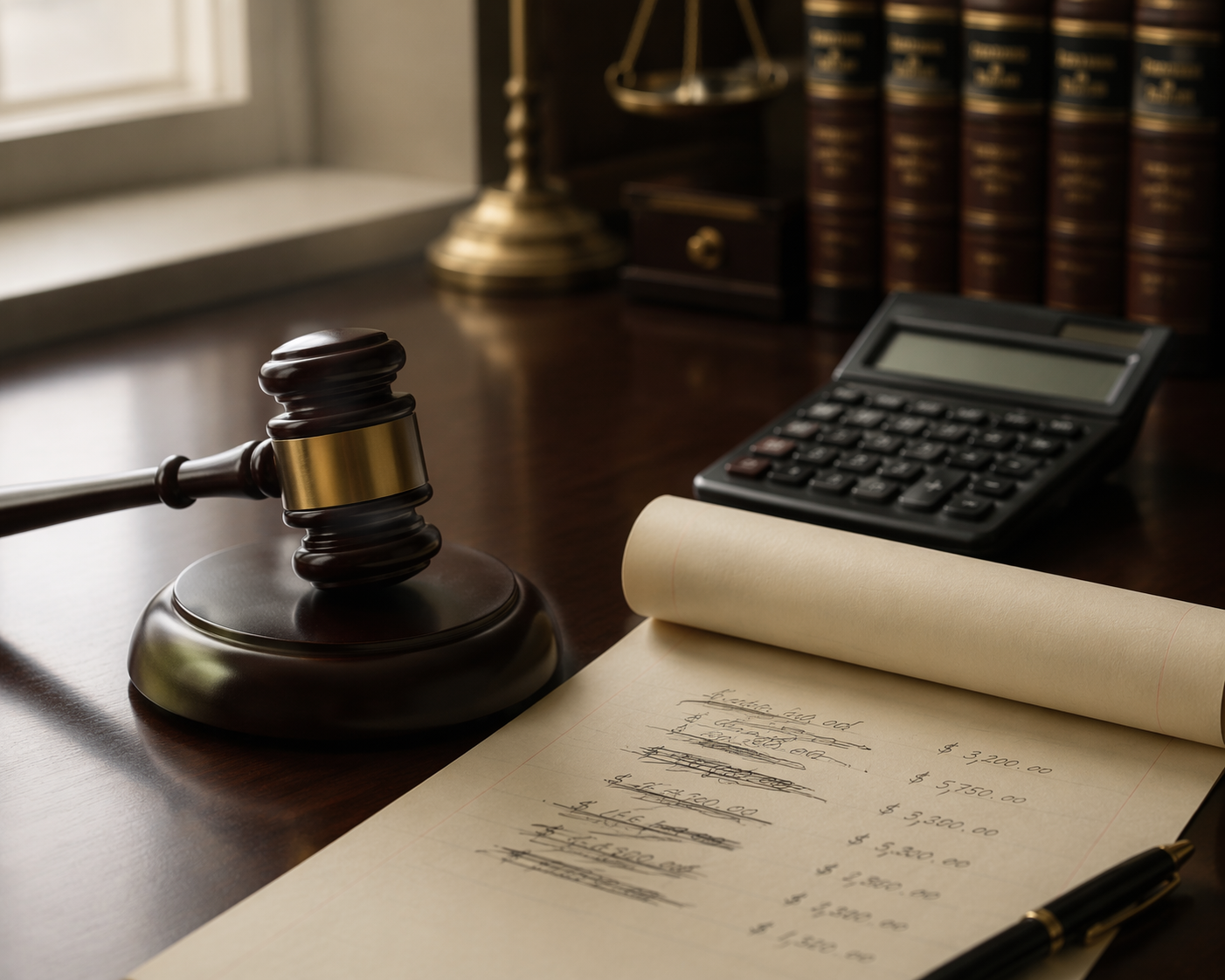 Judge's gavel beside a legal document with crossed-out dollar amounts and a calculator