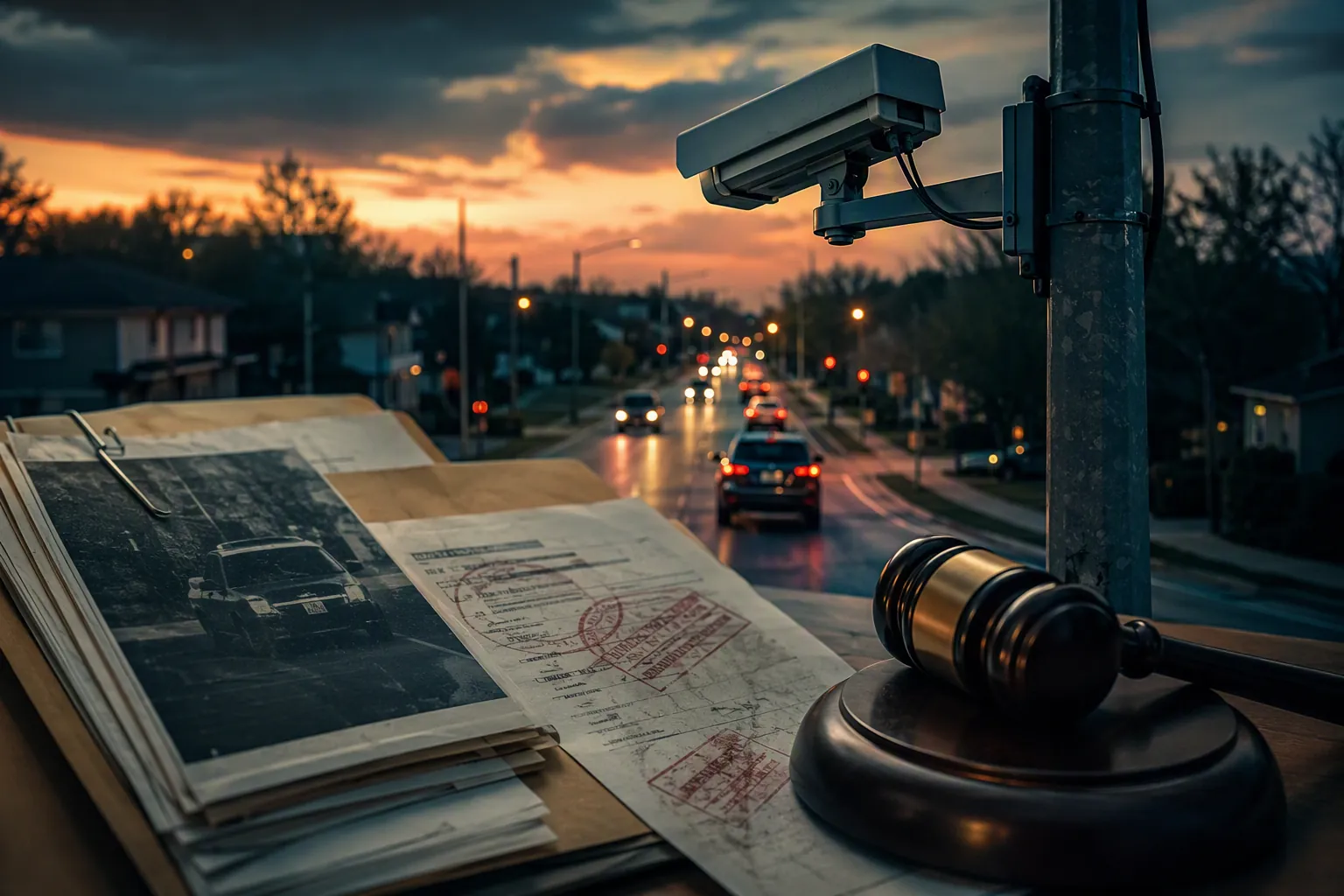 License plate recognition surveillance camera with legal case file and gavel