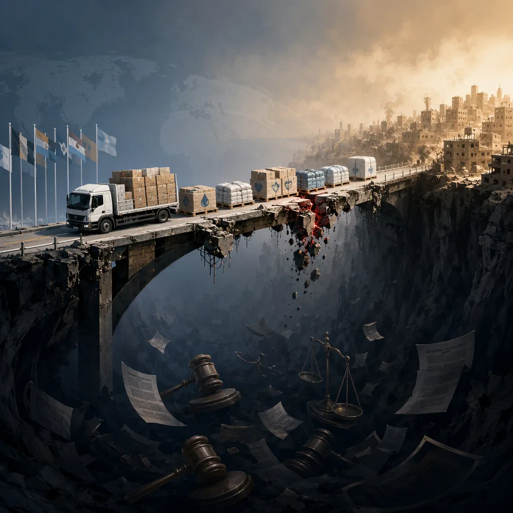 A narrow bridge carrying aid supplies across a chasm with broken sections marked by a funding gap