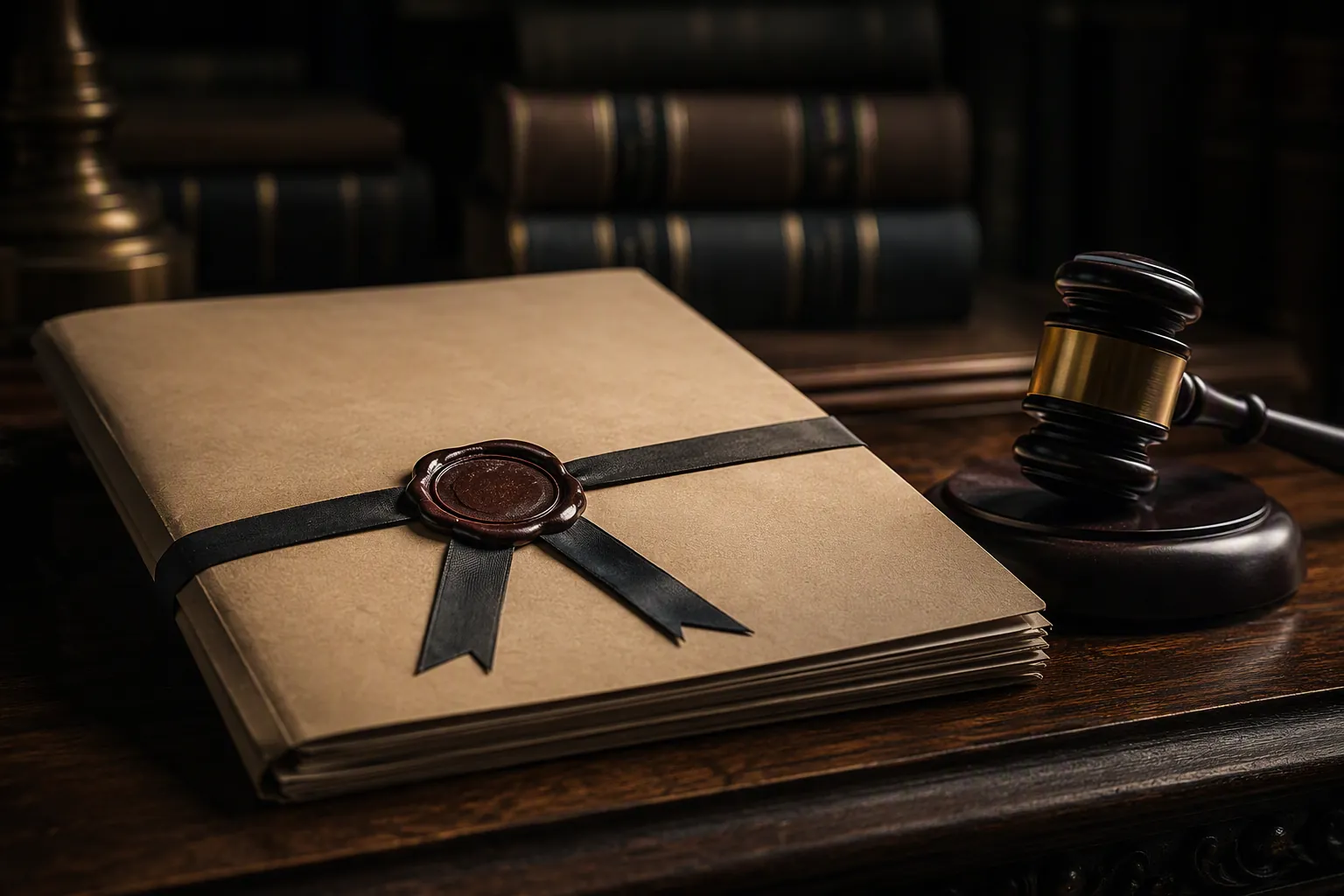 A sealed evidence file on a judge’s bench beside a gavel