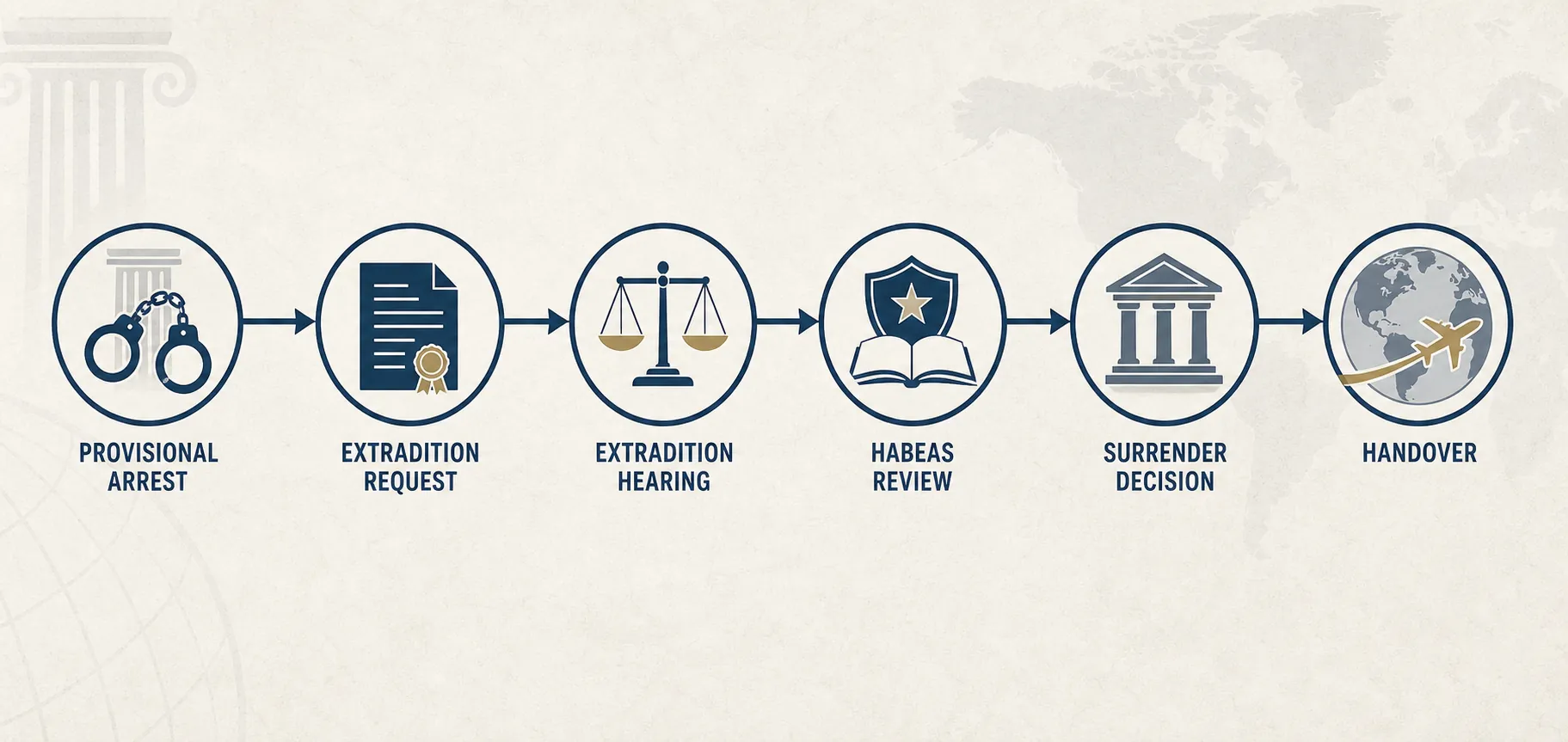 Six-stage process for US international extradition from provisional arrest through formal request, extradition hearing, habeas review, surrender decision and handover