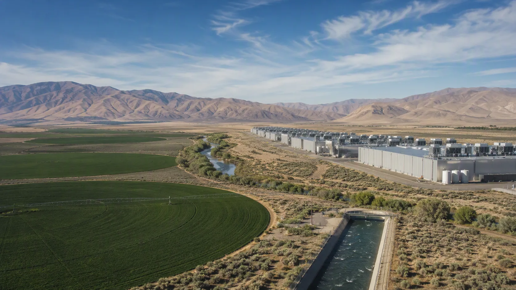 Editorial illustration of a large data center campus beside irrigated fields, a canal, sagebrush flats, a river, and dry Nevada mountains