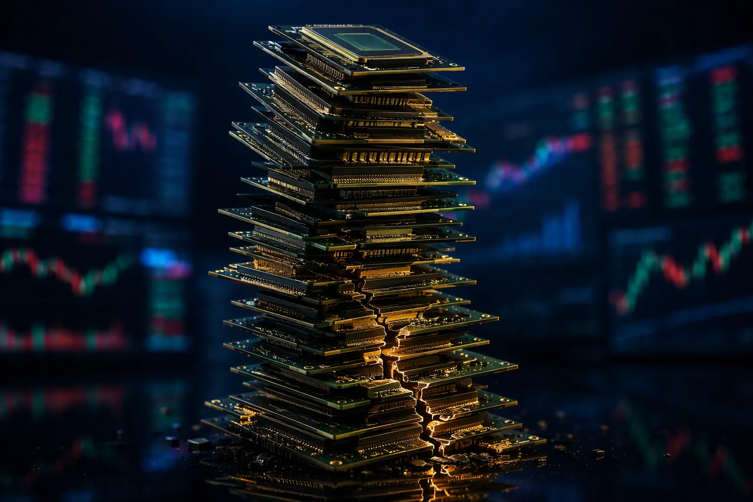 A precarious tower of semiconductor wafers and circuit boards under stress in front of blurred trading screens