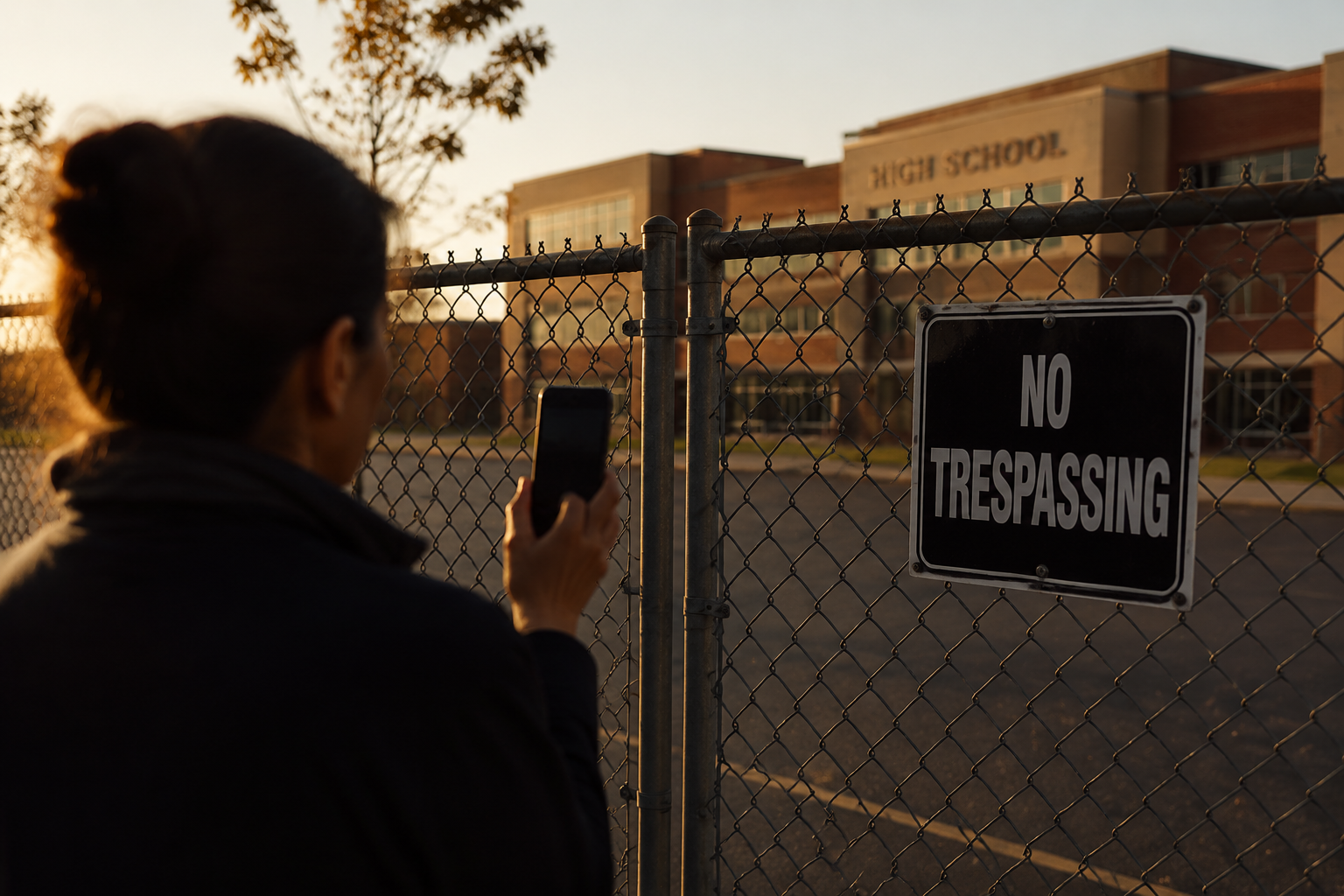No trespassing sign on a chain-link fence outside a blurred school as a parent holds a smartphone