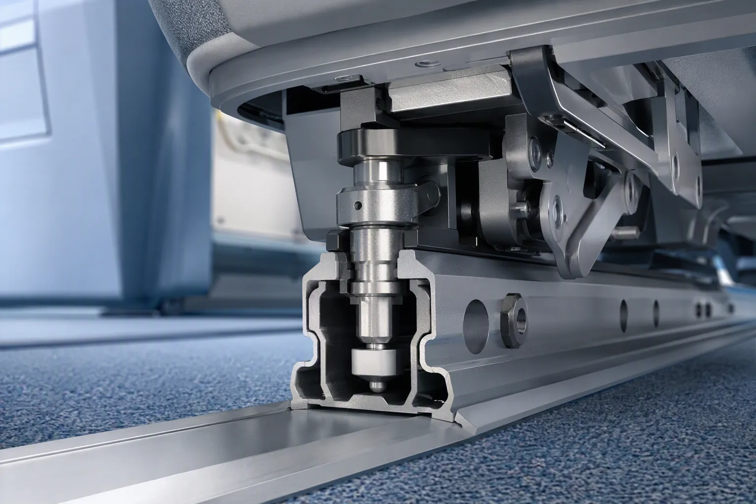 Illustration of an aircraft seat track mechanism and aft fitting shear plunger engagement point