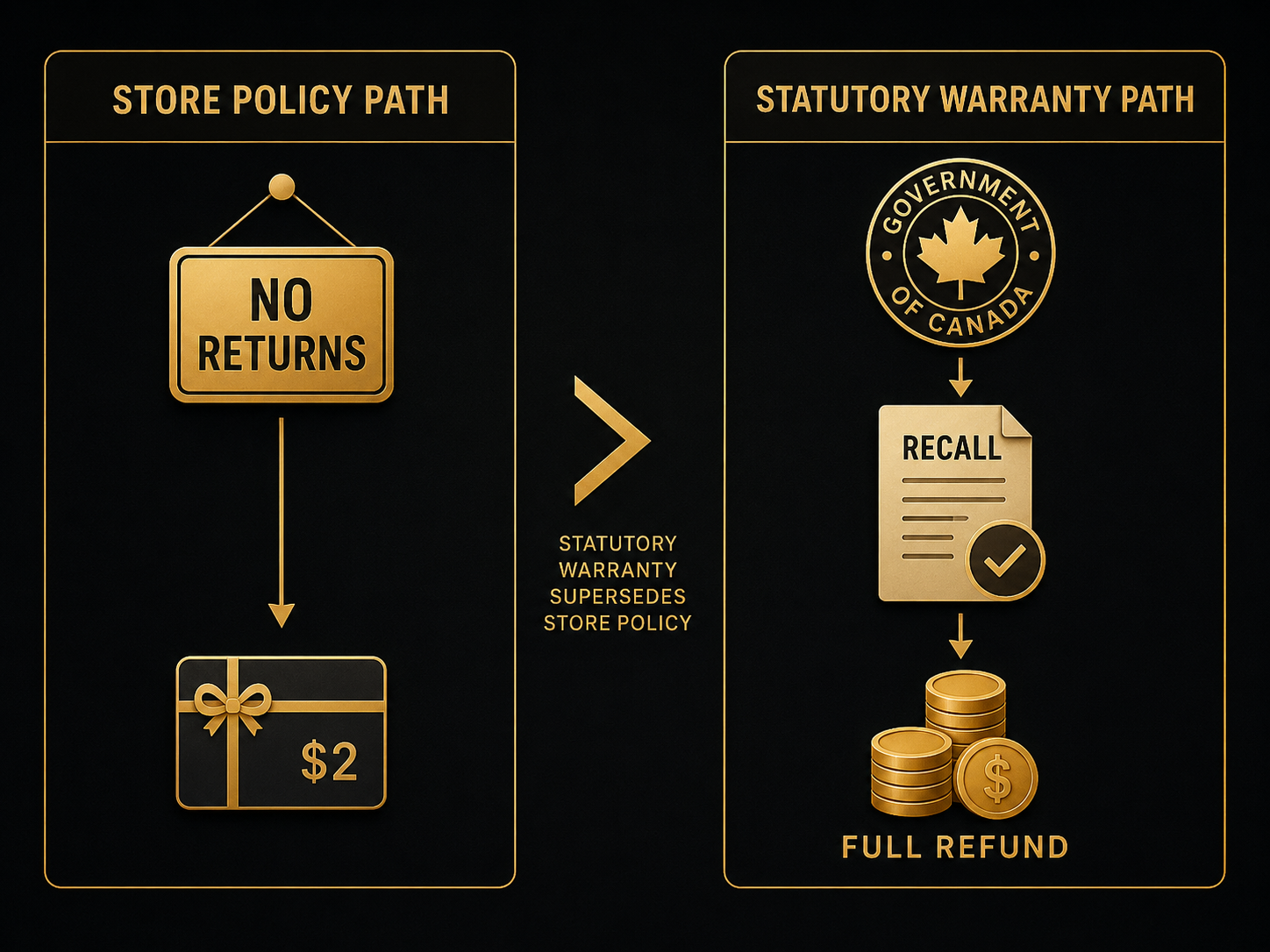 Comparison graphic showing store policy leading to a two dollar gift card and statutory warranty leading to a full refund