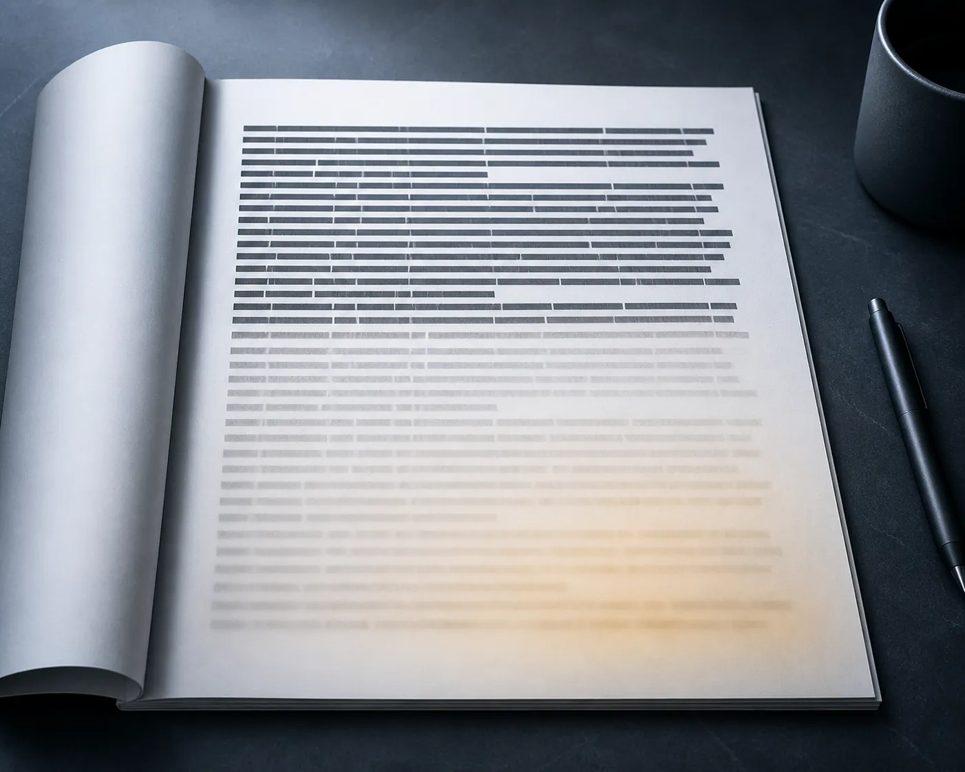 Document with crisp text rows fading into blurred partial AI output