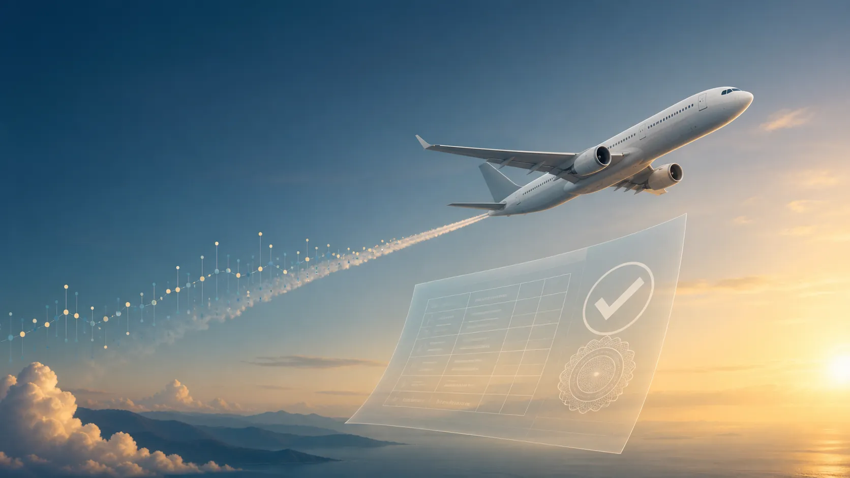 Commercial airliner climbing through a golden sky with flight-data trail and audit ledger motif