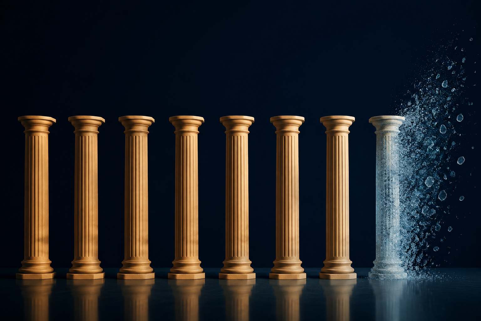 Nine pillars with one dissolving while eight remain intact.