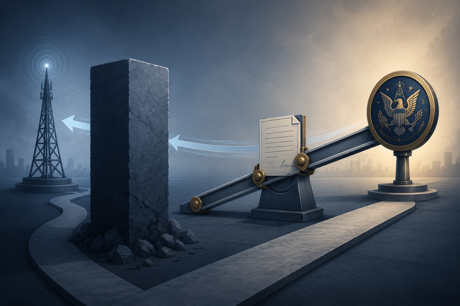 Conceptual illustration of indirect FCC pressure through merger review rather than direct broadcast license revocation