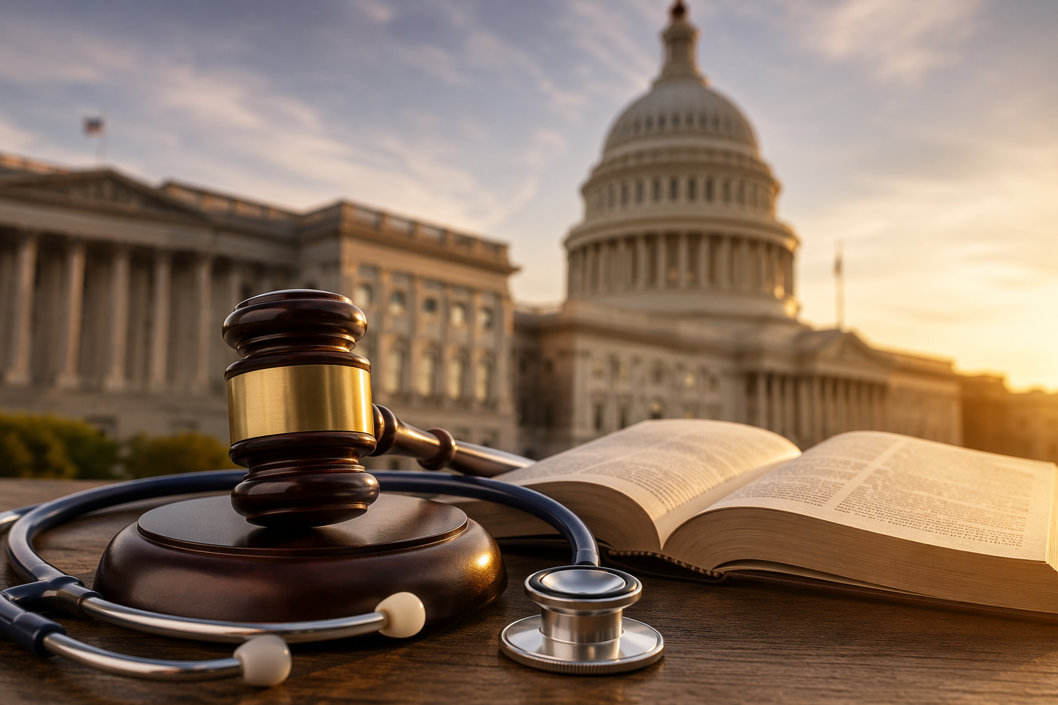 A gavel beside an open law book with the Capitol in the background and a stethoscope around the base