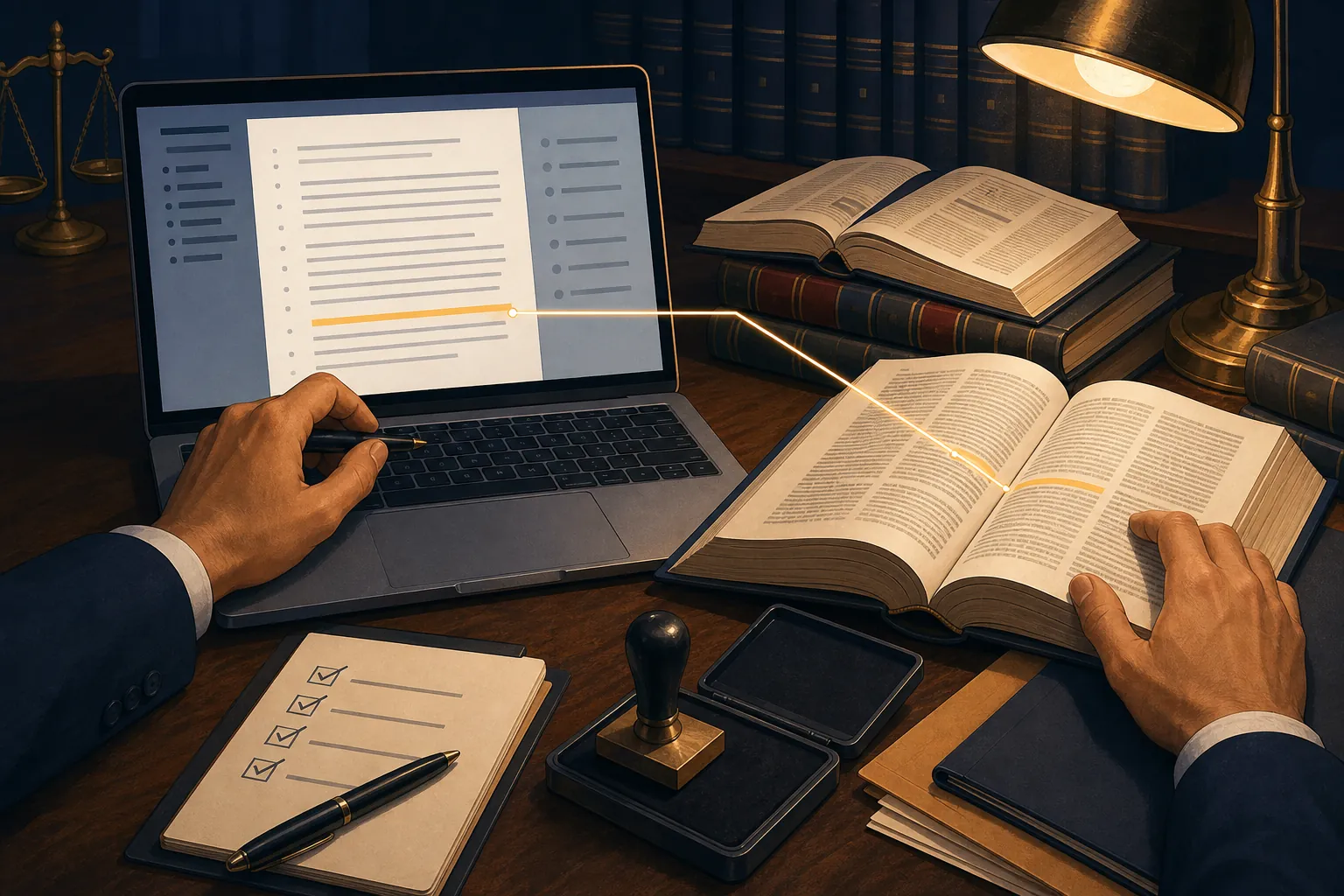 Lawyer cross-checking a laptop draft against printed law books and a verification checklist