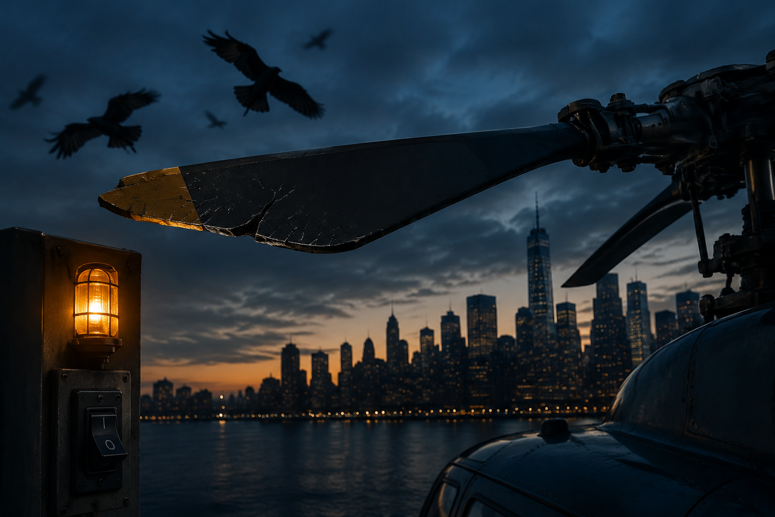 Hudson River helicopter rotor, bird silhouettes, and disconnected bird-deterrent light switch at dusk