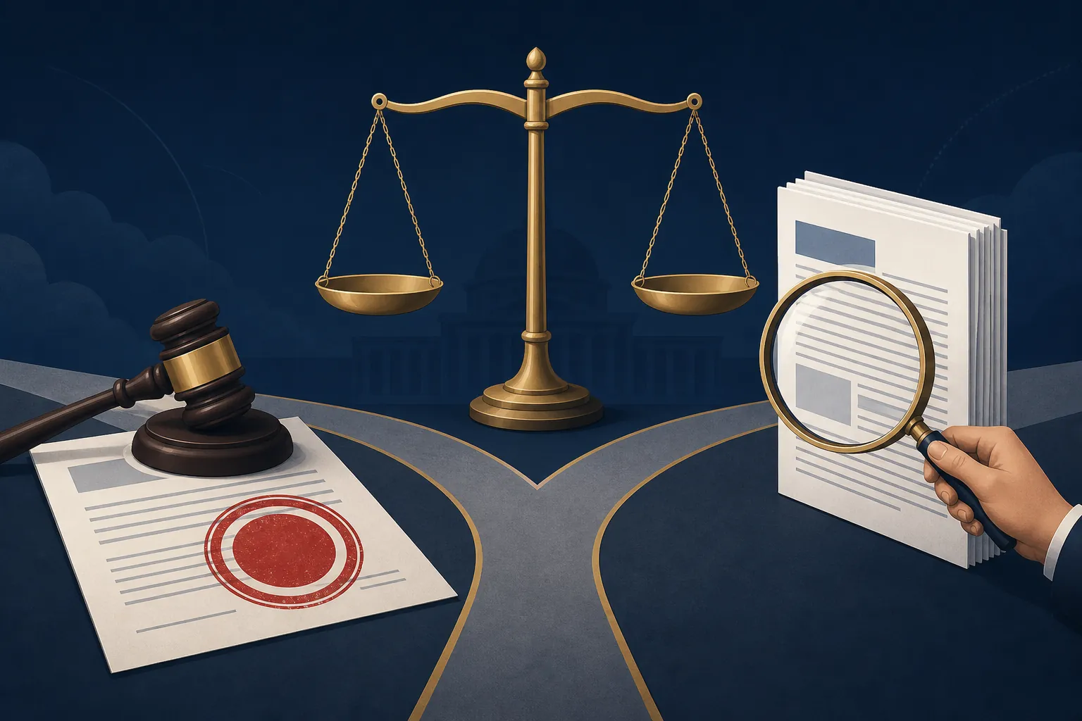 Balance scale dividing a struck-down legal document from regulatory documents under review