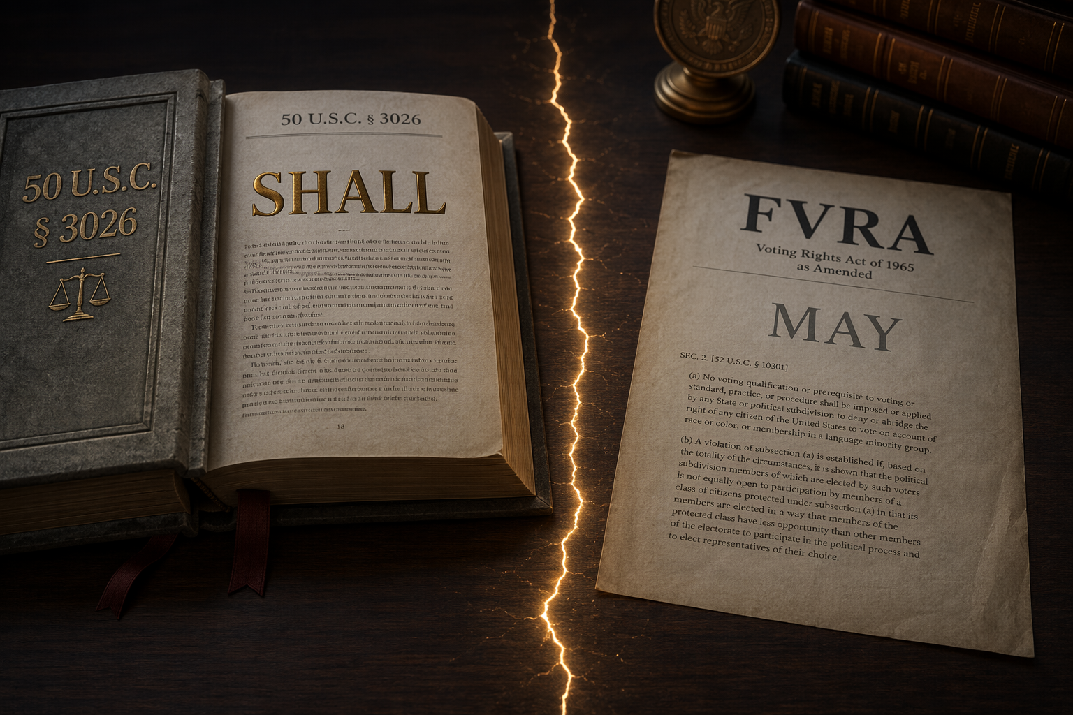 Open law books comparing section 3026 with the FVRA, divided by a crack of light