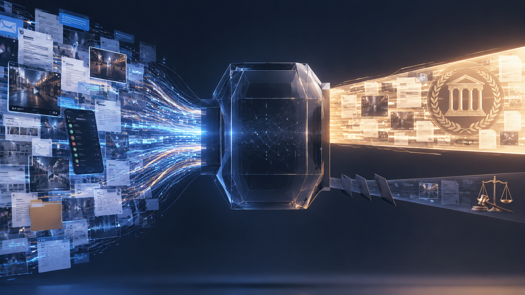 Chaotic digital evidence flowing into an opaque AI review processor with uneven evidence streams emerging