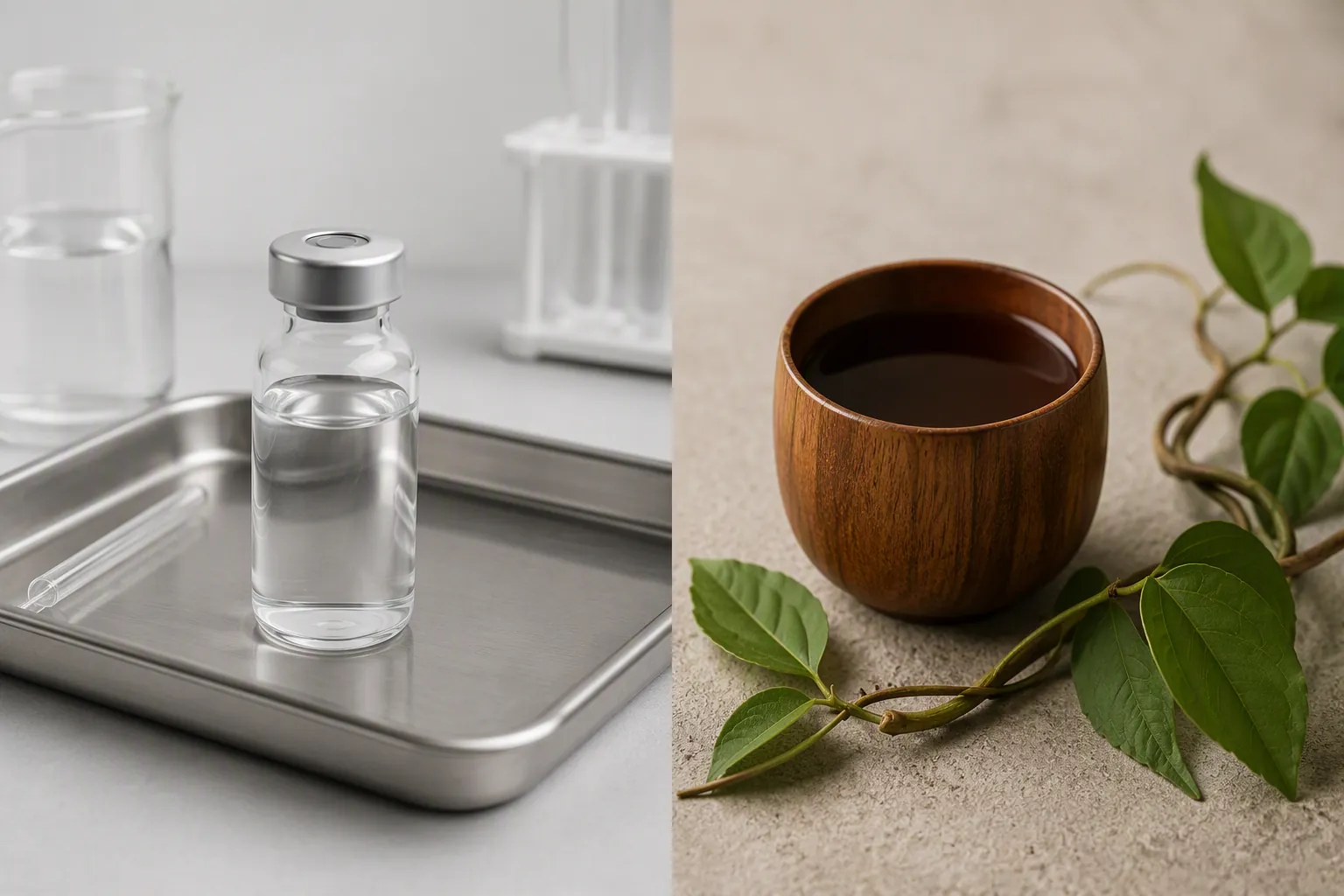 Clinical vial beside a wooden cup of dark ayahuasca brew, distinguishing synthetic DMT formulation from plant brew