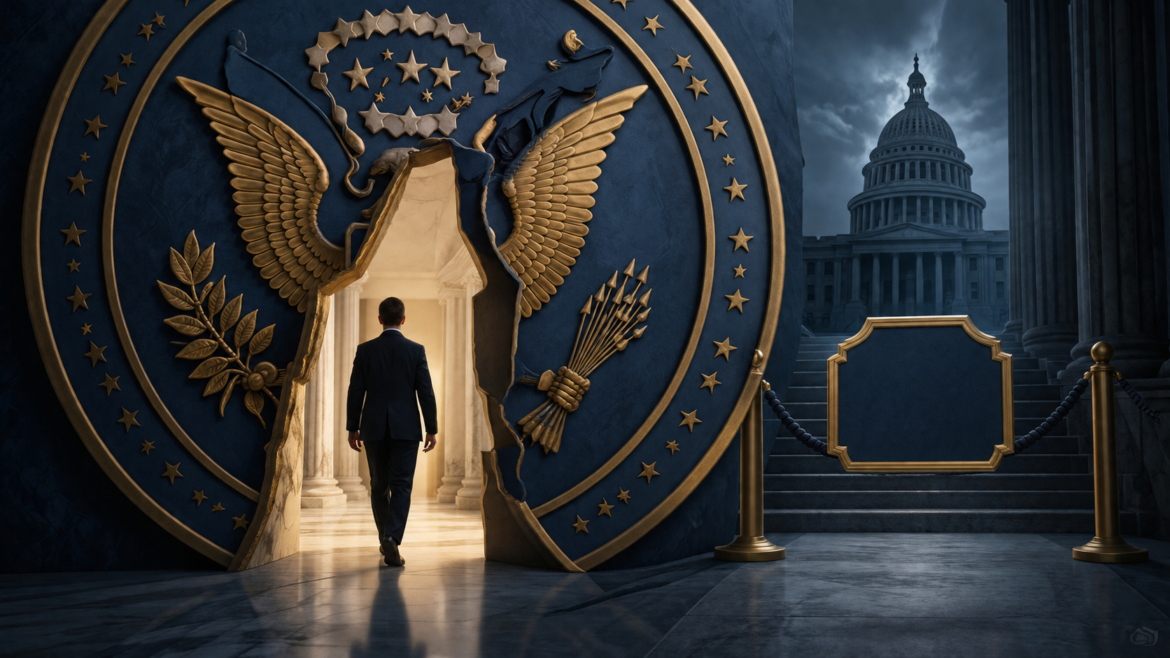 A government seal with a loophole-shaped opening and a blocked confirmation path beside it.
