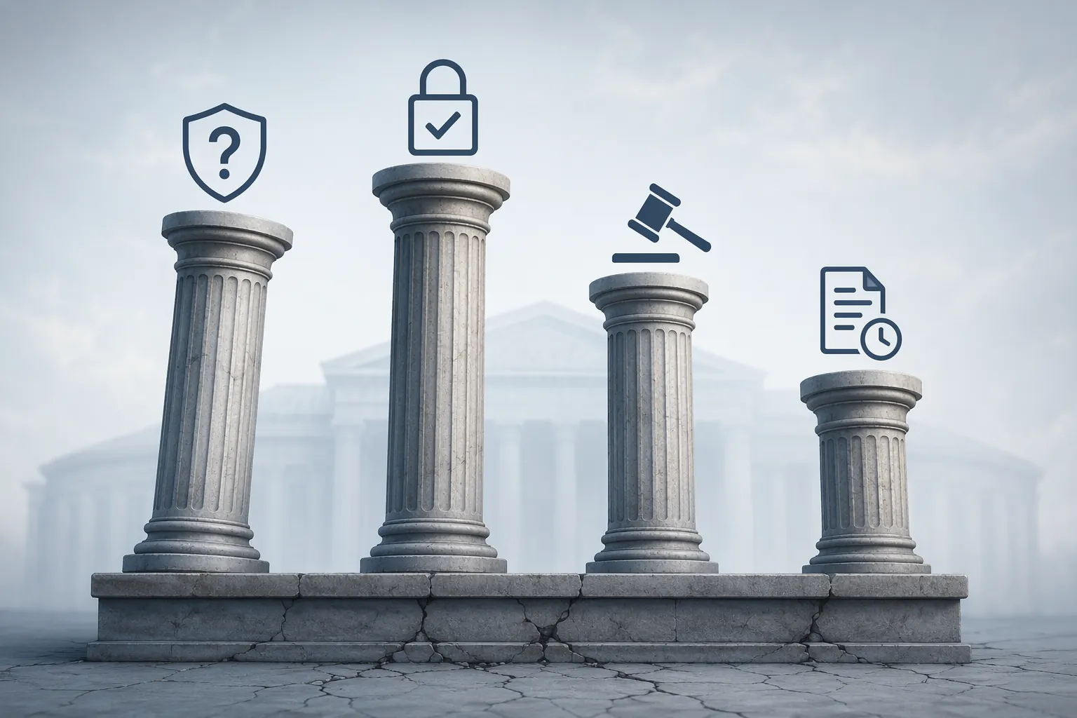 Uneven legal pillars on a cracked foundation representing contested authority theories