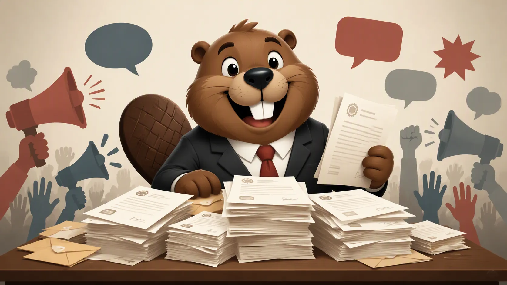 Cartoon beaver mascot surrounded by cease-and-desist letters and public backlash symbols