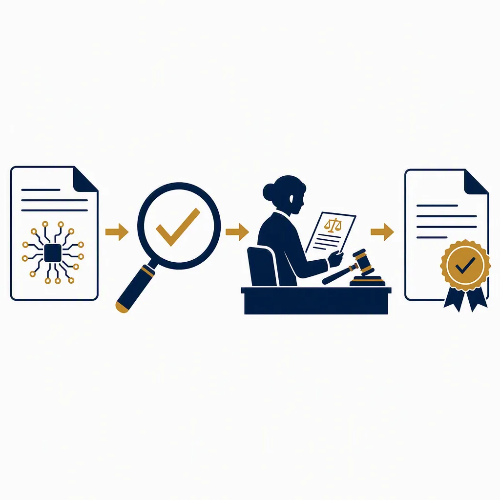 AI-generated legal document passing through citation verification and human review