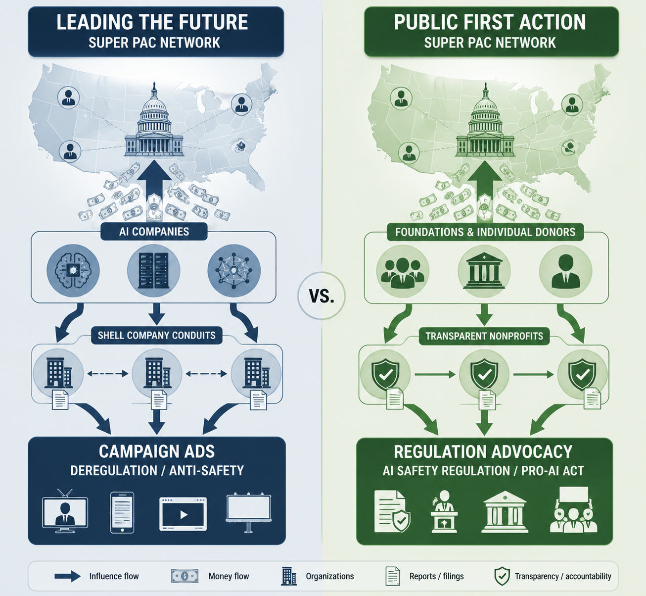 Split infographic of rival AI super PAC networks flowing toward campaign activity and a U.S. political map