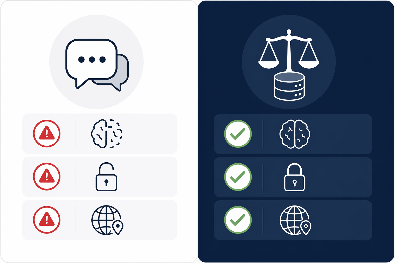 Side-by-side comparison of a generic chat interface with warnings and a legal database interface with check indicators