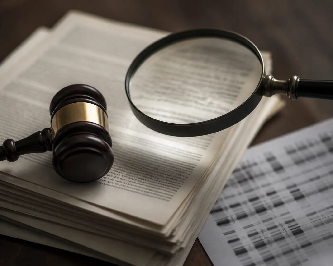 Gavel on legal paperwork with a magnifying glass and blurred DNA analysis sheet