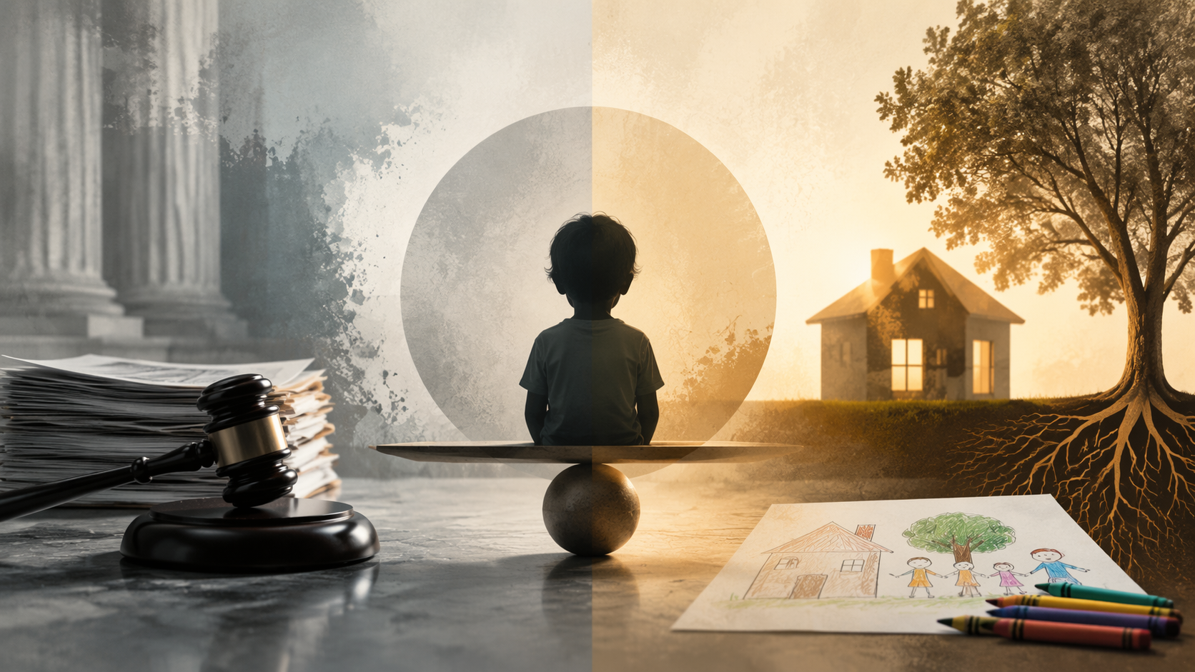 Legal custody documents balanced against a warm home interior representing a child’s established stability