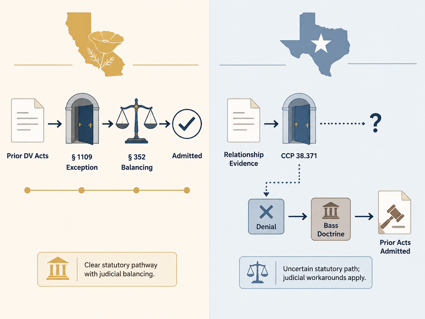 Side-by-side comparison of California and Texas evidentiary pathways for domestic violence history evidence