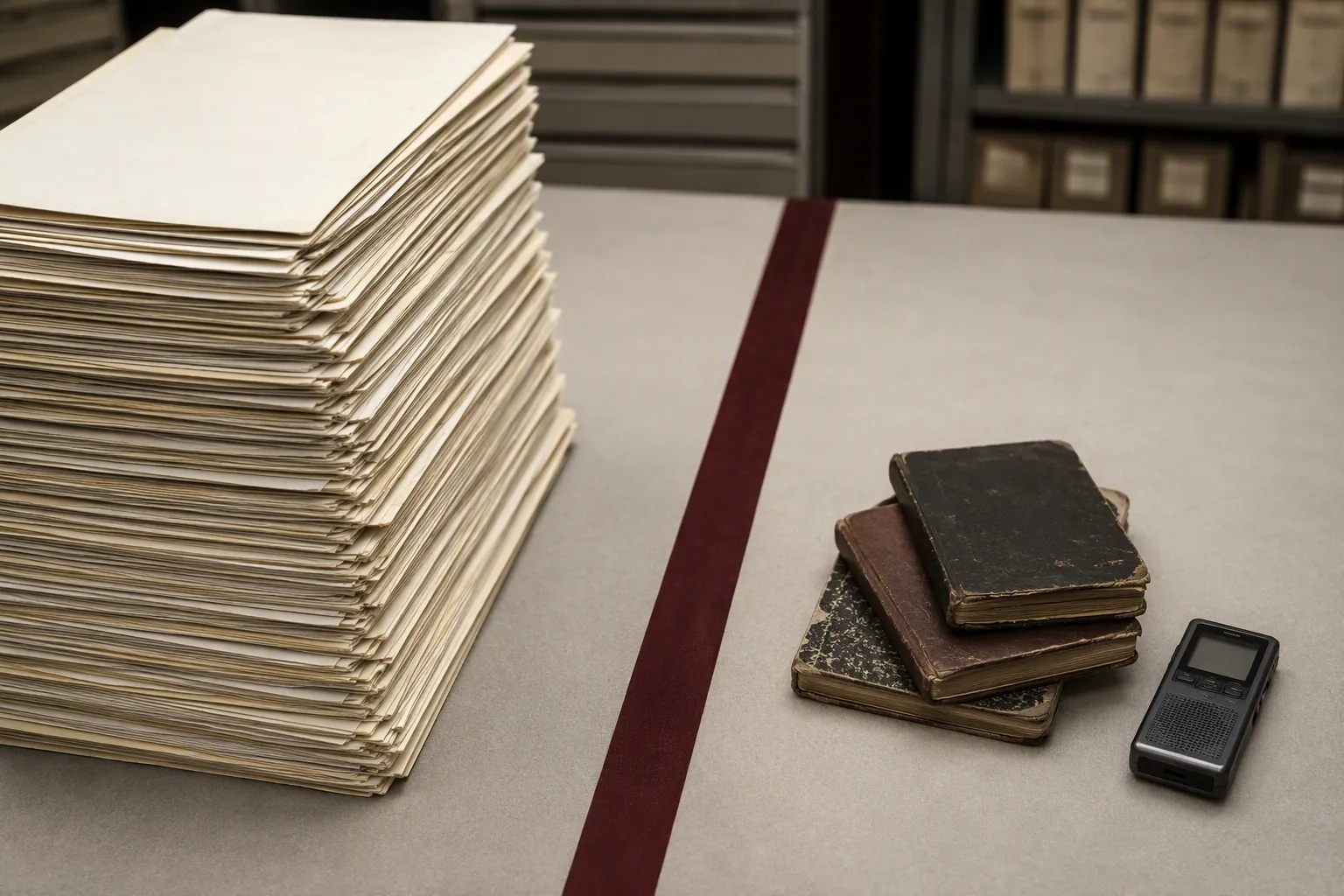 Government archive review table with released documents separated from three notebooks and an audio recorder