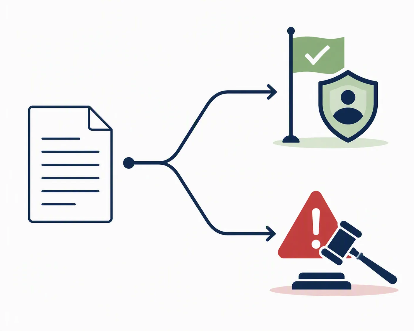 Classification fork showing one document branching toward a verified monitoring flag and a warning gavel path