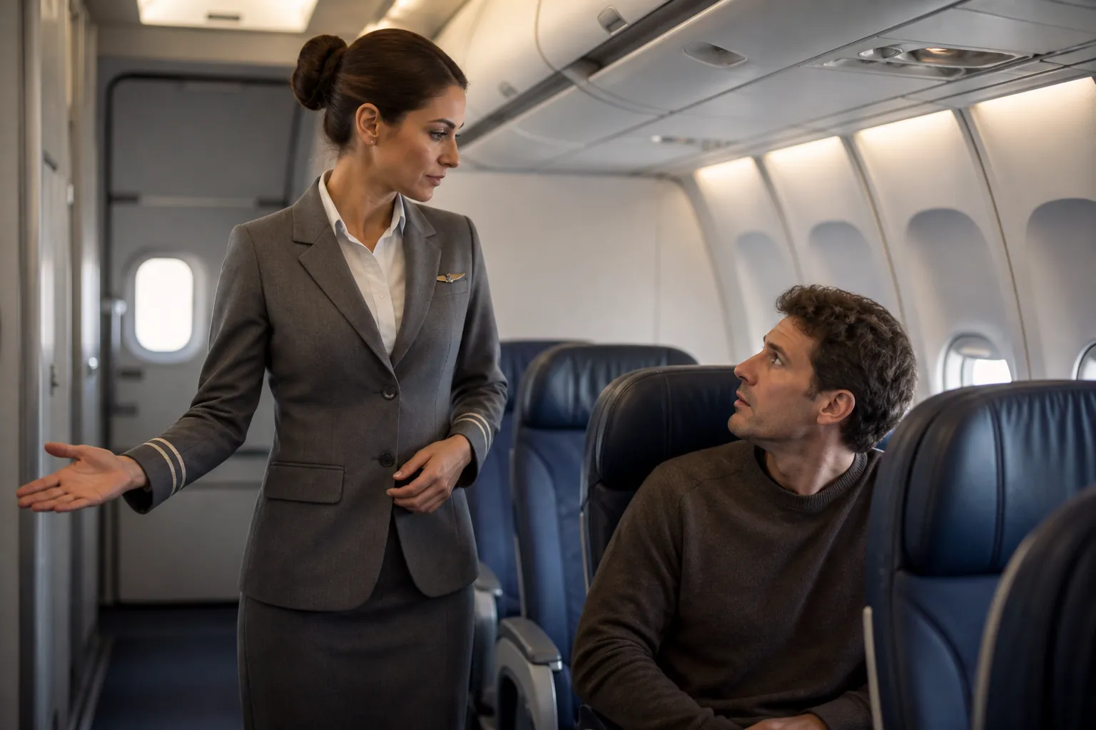 Flight attendant gesturing toward an aircraft exit while a seated passenger looks up