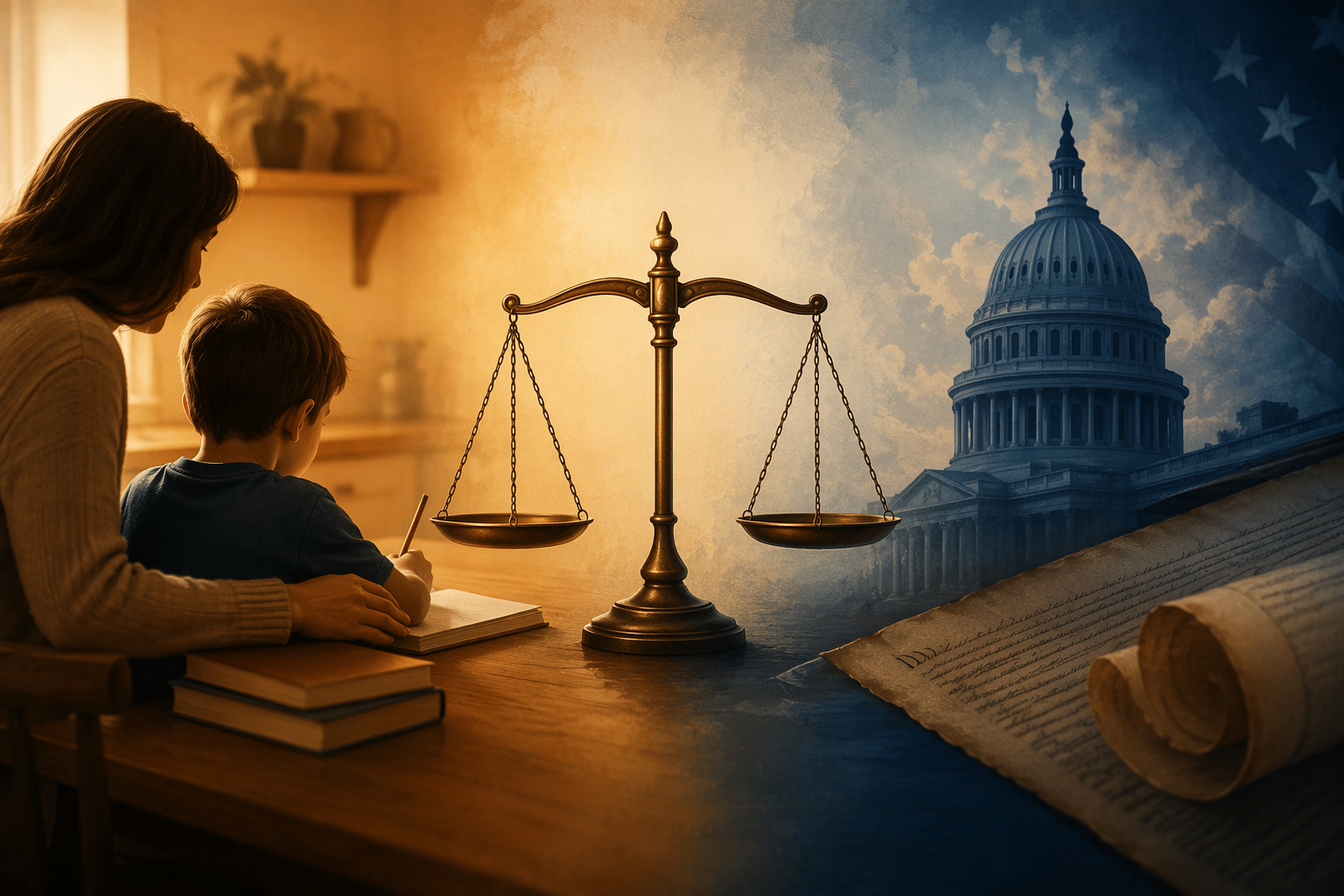 Parent and child at a kitchen table balanced against a Constitution and state capitol silhouette