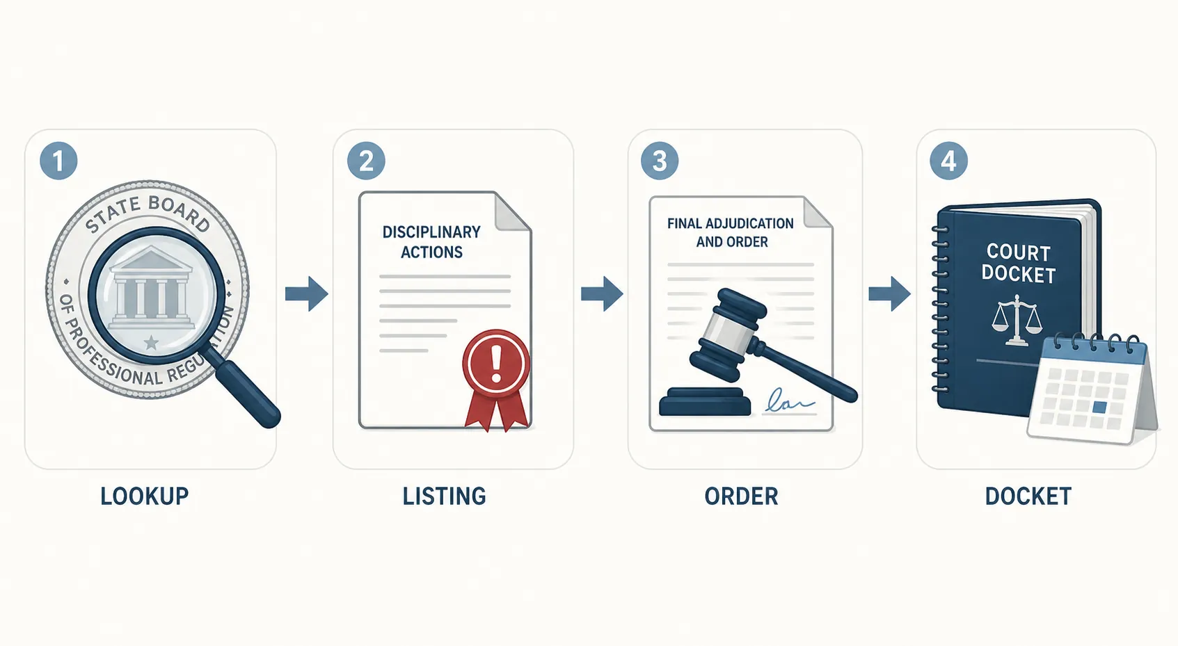 Four-step process for board lookup, disciplinary listing, final order, and appeal status