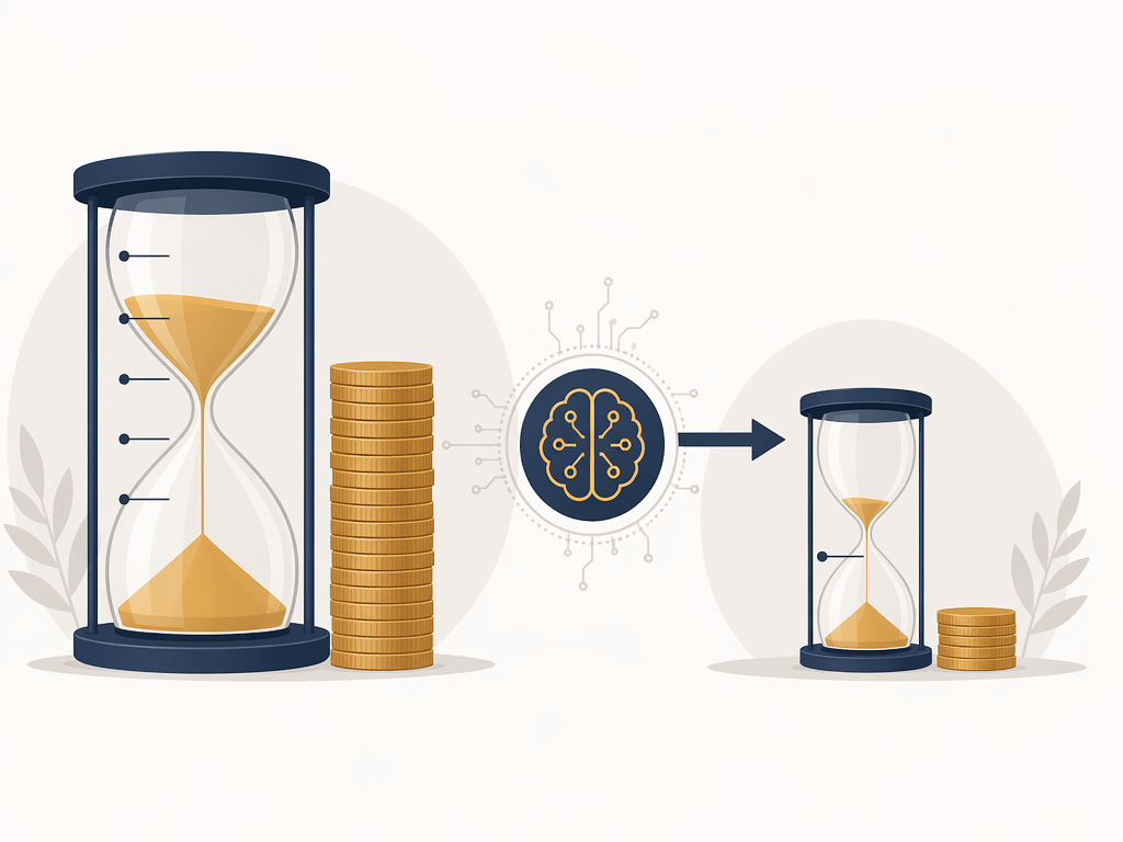 A comparison illustration: on the left, a large hourglass with five hour marks and a stack of coins; on the right after an AI icon, a smaller hourglass with one hour mark and a much smaller coin stack.
