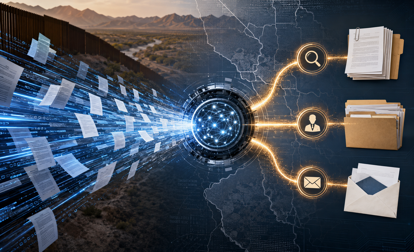 CTRs and SARs flowing into an analysis hub and emerging as investigation notices, IRS referrals, and compliance outreach letters near Southwest border map contours