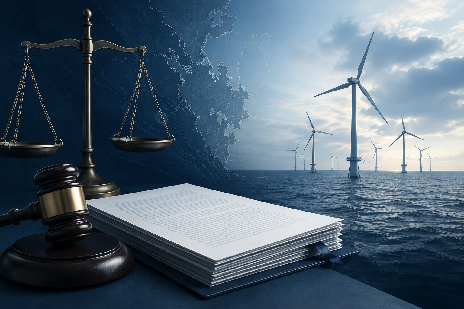 Gavel and maritime scale of justice with offshore wind turbines on the ocean horizon