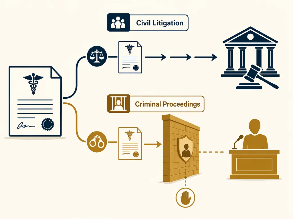 Infographic showing an independent autopsy report moving differently through civil litigation and criminal proceedings