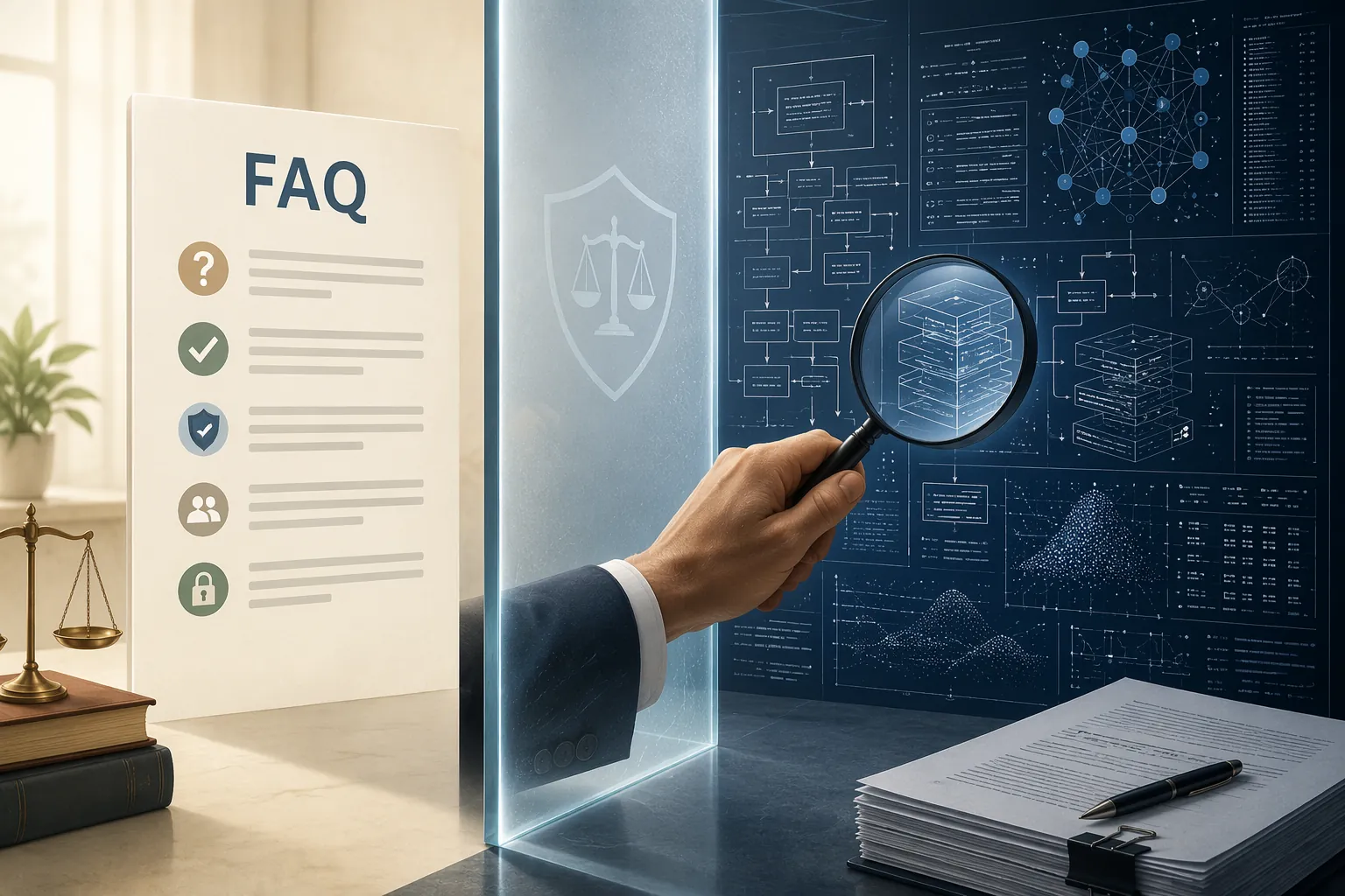 Split image of a simple public FAQ beside a dense patent document while a lawyer examines the patent side with a magnifying glass