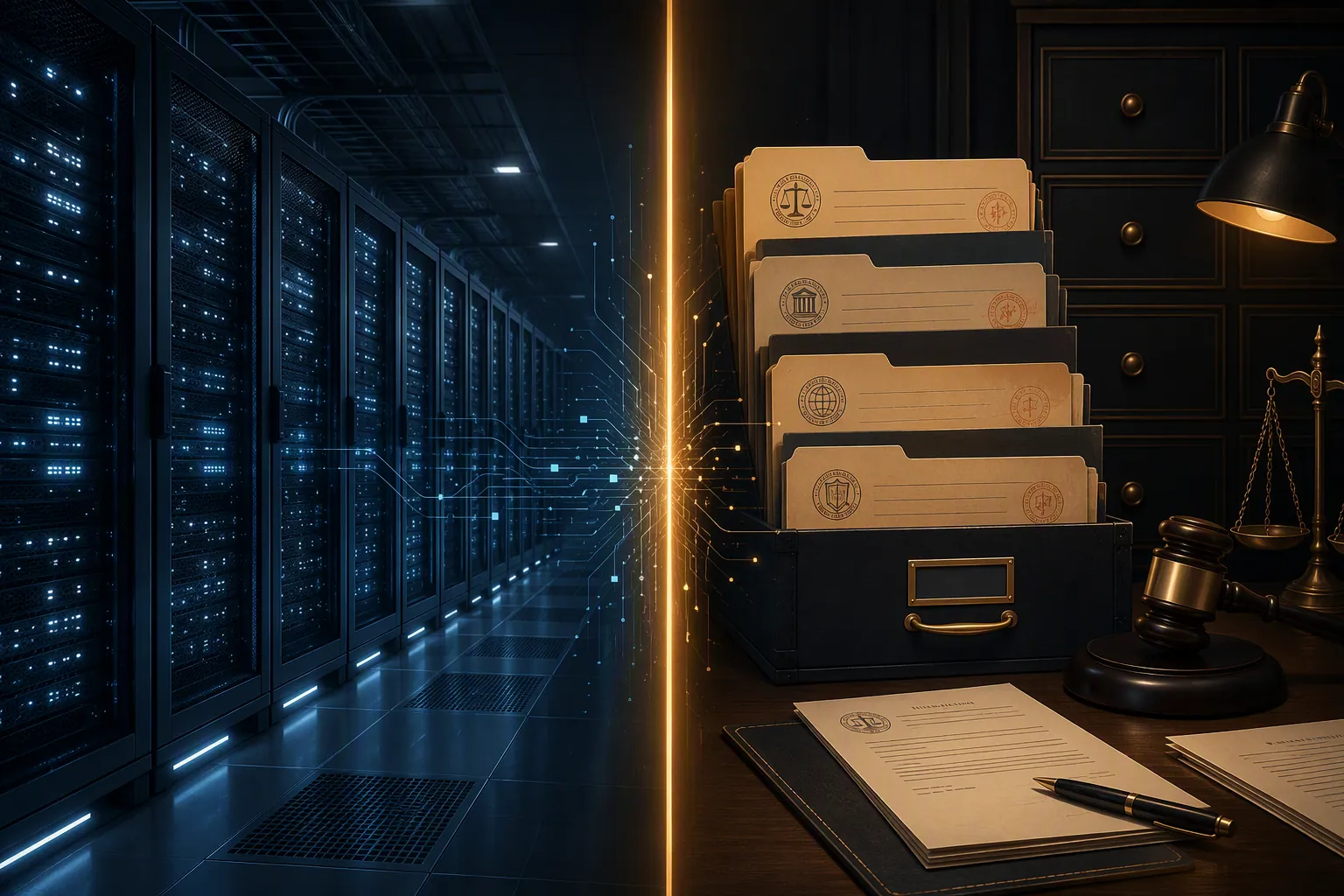 Split-screen illustration of server racks and legal docket folders
