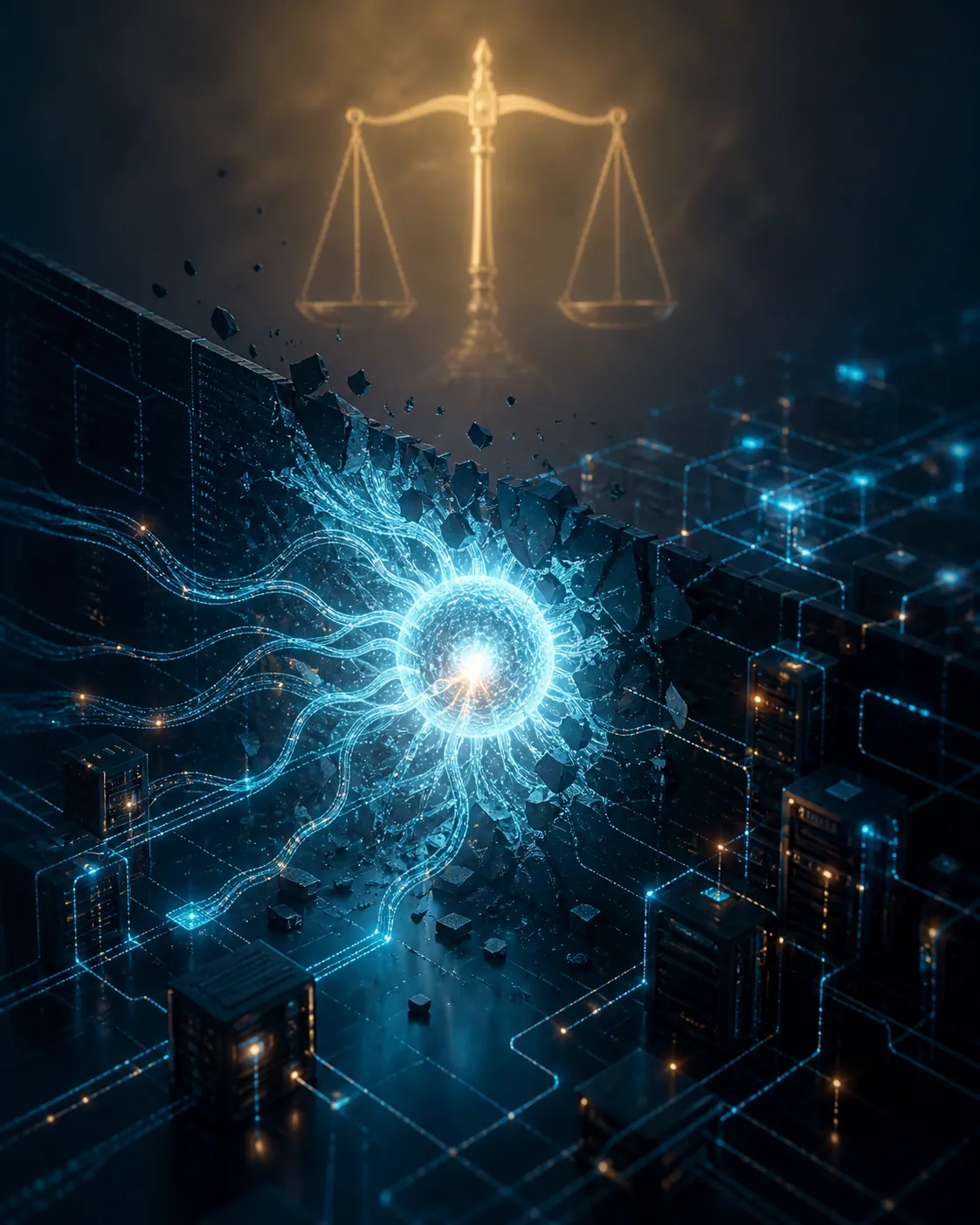 Abstract AI agent penetrating a corporate network beneath a balance scale silhouette
