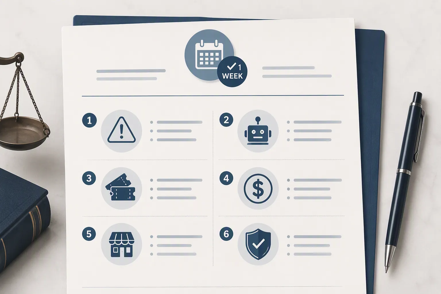 Six-part compliance inquiry checklist with icons and a one-week deadline