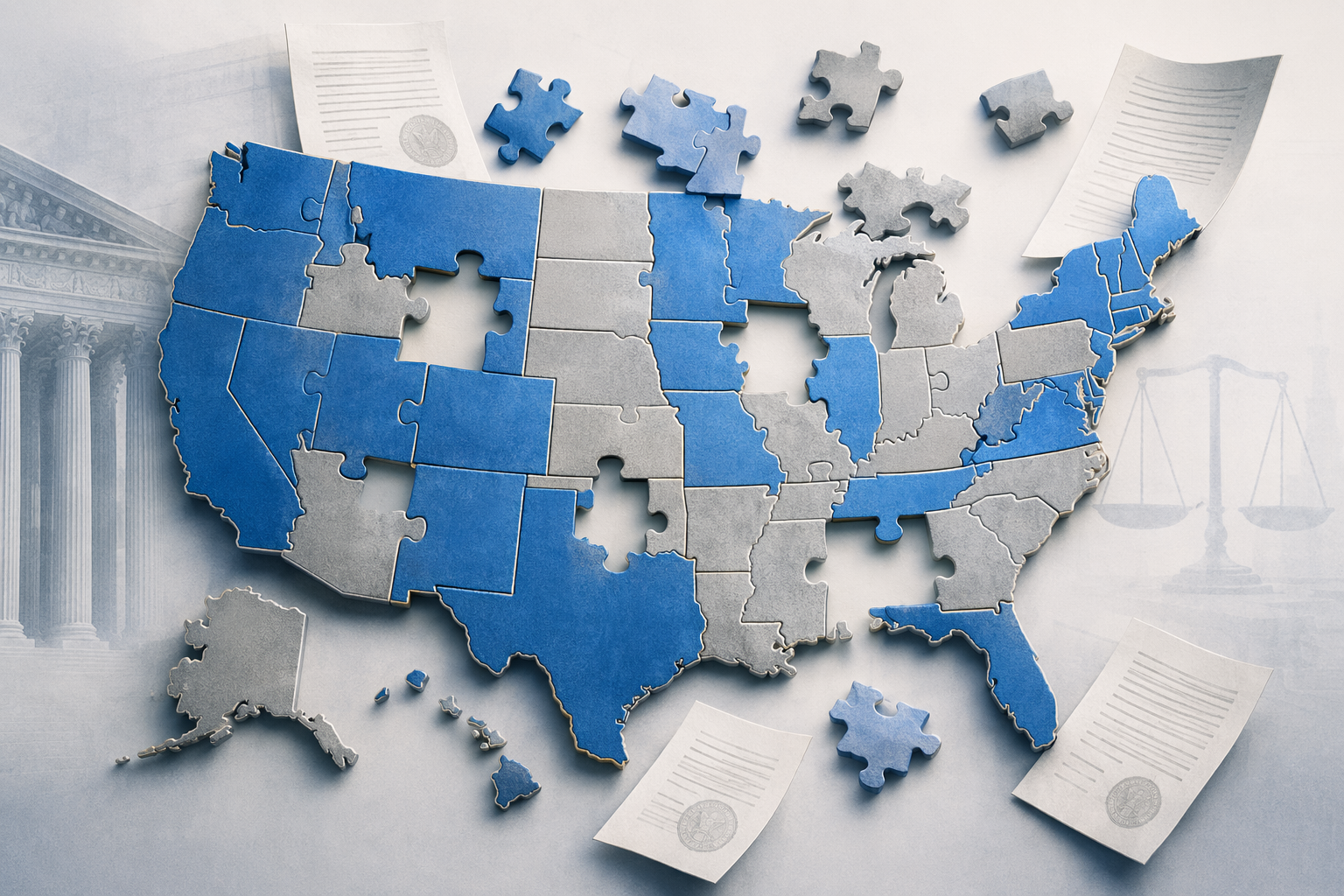 Fragmented United States map representing the patchwork of state right-of-publicity laws