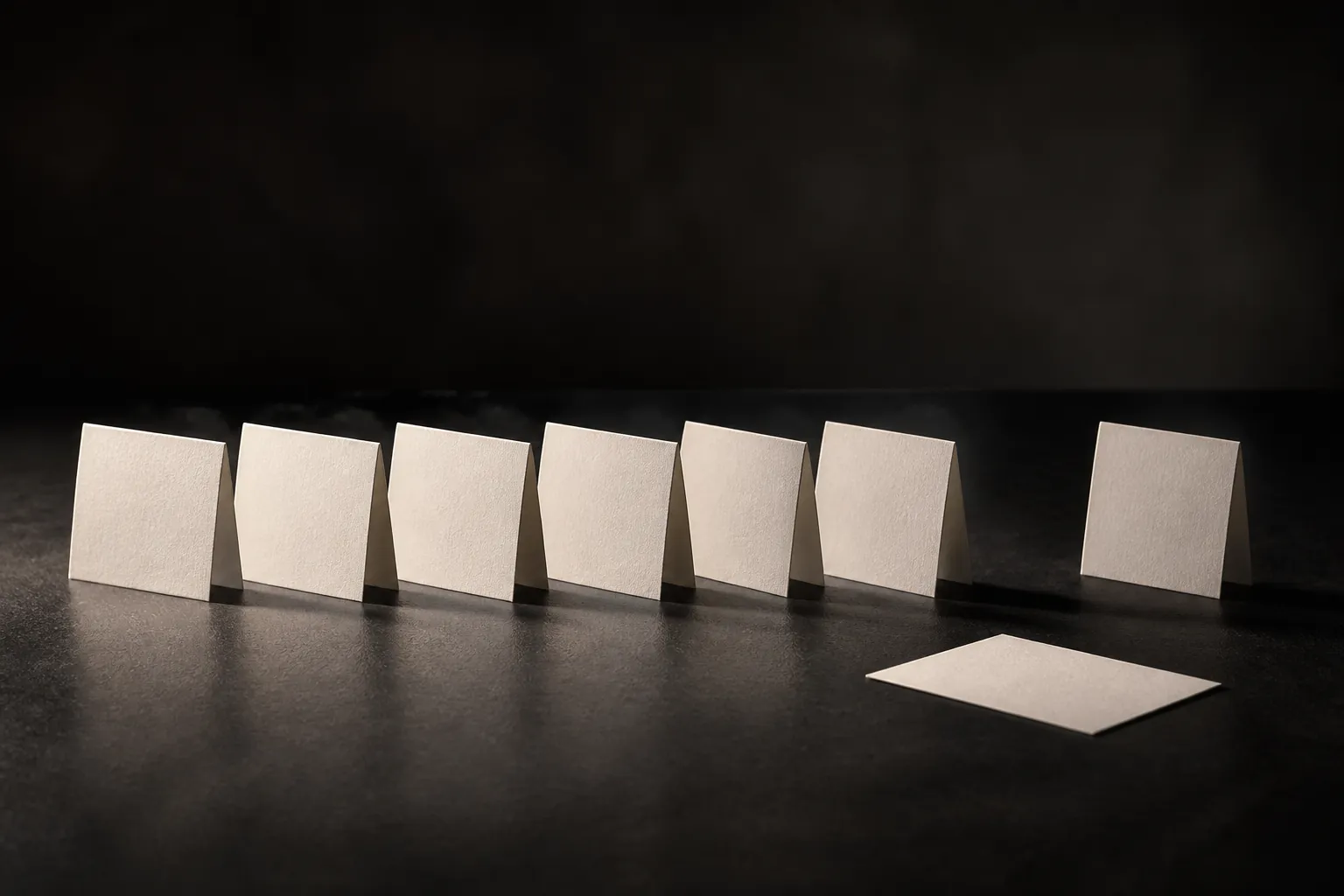 Eight blank name cards with one card removed and lying apart