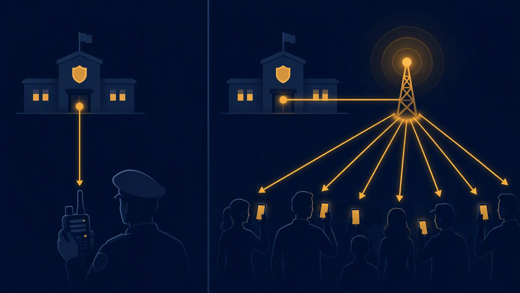 Split illustration showing a police station alert going to one receiver on one side and to many smartphones through a tower on the other