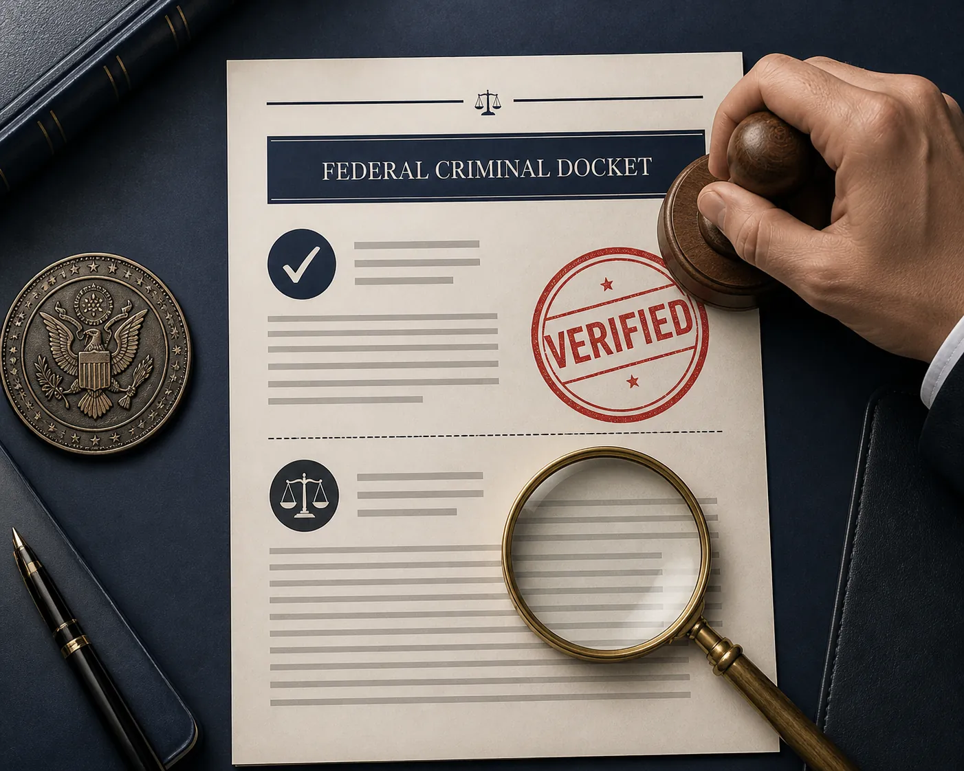 Federal docket document stamped verified with a divider between confirmed record and alleged charges